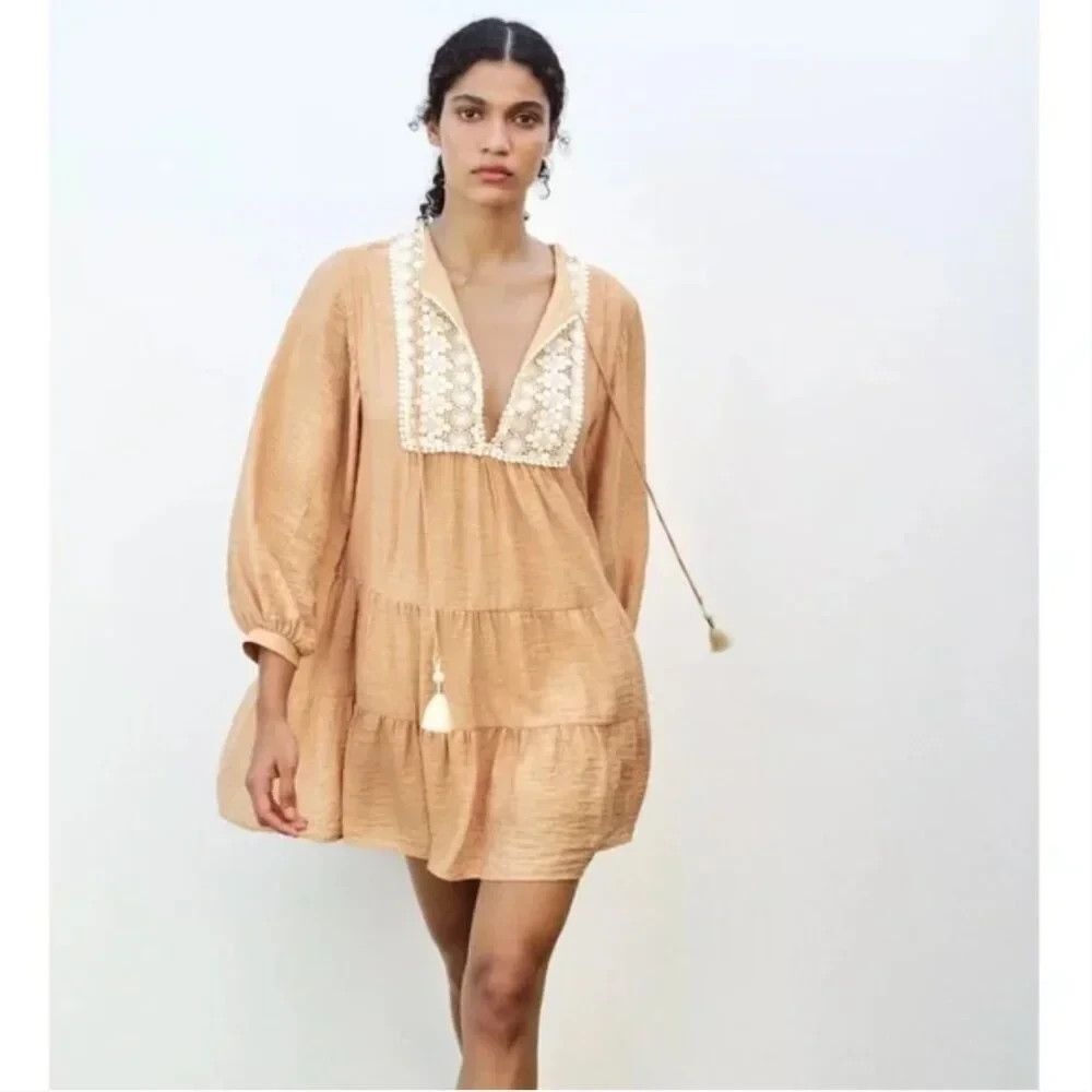 Zara Size XS Dress Mini Bib Embroidered Boho Tiered NWT